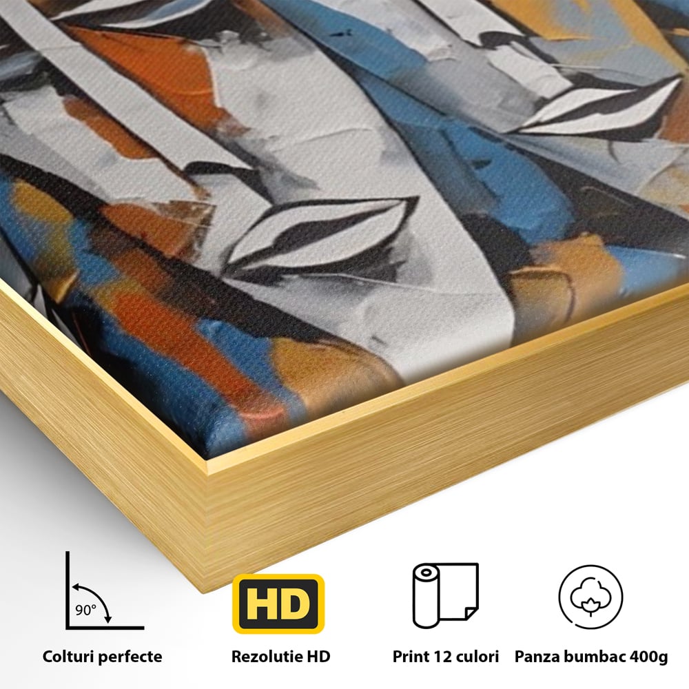 Detaliu al suprafetei: tablou abstract cu masti tribale albe, in rama de aluminiu auriu